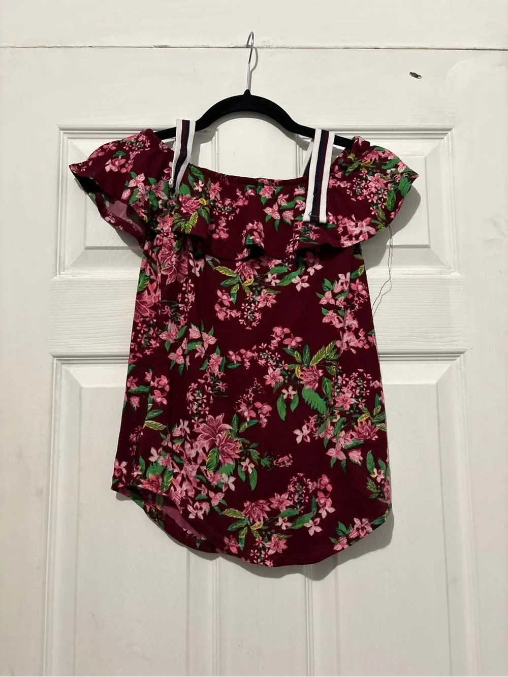 Girls Off-Shoulder Floral Top - Burgundy Pink